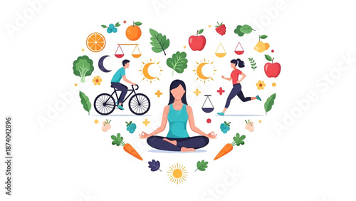 Wellness lifestyle illustration with yoga meditation fitness nutrition balance health routine for modern wellbeing marketing coaching education therapy and self care awareness