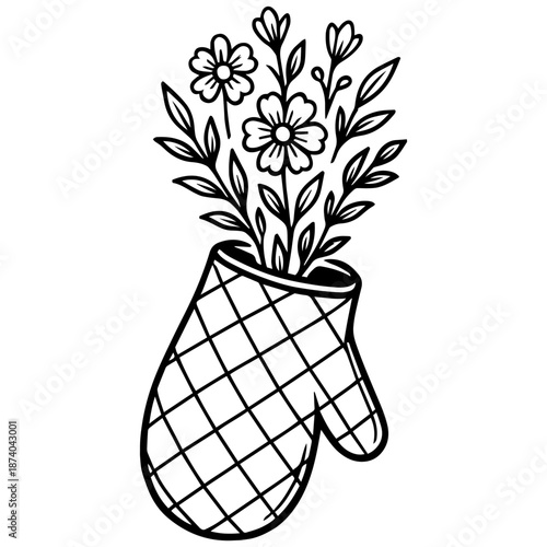 Floral kitchen glove vector line art, black and white cooking accessory illustration for engrave and creative projects