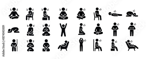 Silhouette icons depicting meditation, relaxation and exercise poses