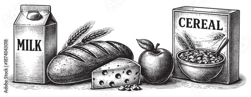 A vintage illustration of a milk carton, loaf of bread with wheat, slice of cheese, apple, and a box of cereal with a bowl of cereal and spoon on a white background.