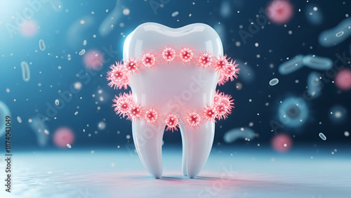 Tooth hygiene medical illustration showing dental infection with bacteria around healthy enamel for oral care awareness clinic education and healthcare marketing use