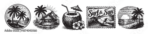 A collection of black and white vintage-style illustrations featuring tropical scenes, palm trees, surfboards, coconuts, and beach elements, evoking a retro summer vacation mood.