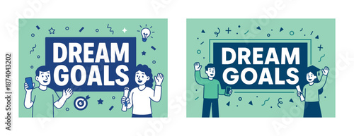 Illustration of young adults celebrating achievement with dream goals