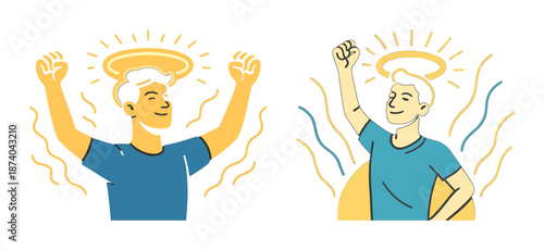 Joyful caucasian male characters celebrating with raised arms and halos