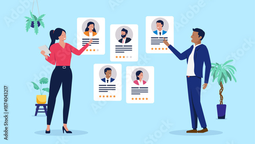 Professional recruiters reviewing job candidate profiles and star ratings to manage the company hiring process and talent acquisition in a modern flat design vector illustration with office plants
