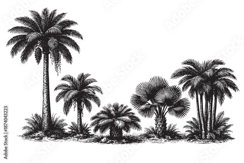 A black and white illustration of various palm trees with dense foliage and textured trunks, set against a stark white background evoking a vintage or natural history aesthetic.