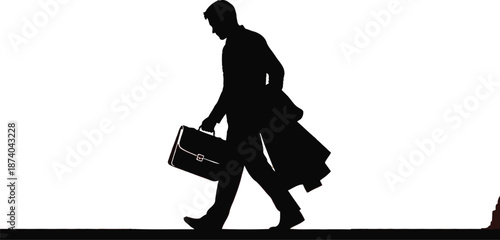 Silhouette of a determined businessman walking against a vibrant orange sunset sky carrying a briefcase with a city skyline visible in the background