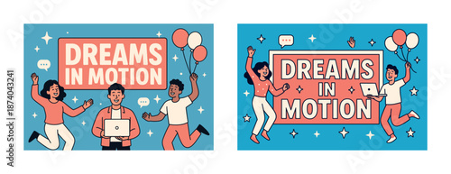 Diverse young adults celebrating with laptops and balloons