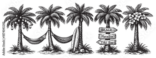A black and white sketch of tropical palm trees on a beach, featuring hammocks, a surfboard, and a directional sign, evoking a relaxed vacation vibe.
