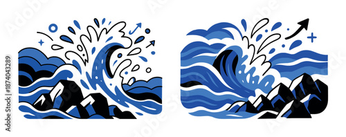 Dynamic ocean waves crashing against rocks in blue and black vector art