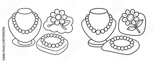 Line art jewelry display with beaded necklaces, bracelets, and floral elements