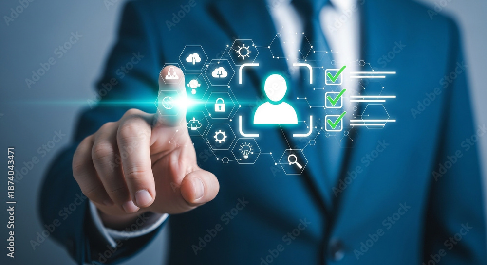 Fototapeta premium Businessman interacting with futuristic digital interface for secure data management