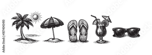 A vintage line art illustration depicts a row of classic beach icons: a palm tree, a sun, a beach umbrella, flip-flops, a cocktail, and sunglasses, on a white background.