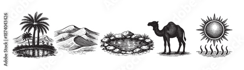A black and white illustrative compilation of desert motifs including a lush oasis with palm trees, undulating sand dunes, a rock-lined water source, a camel, and a radiant sun with heat waves.