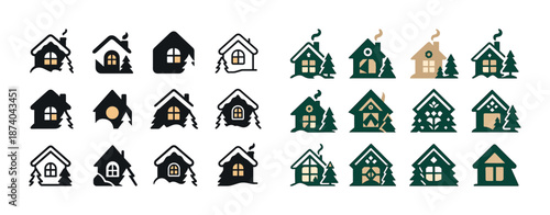 Set of cozy house icons with pine trees and chimneys in various styles