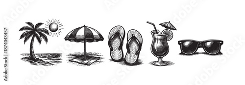 A collection of classic black and white ink illustrations depicting iconic summer vacation elements like a palm tree, beach umbrella, flip-flops, cocktail, and sunglasses.