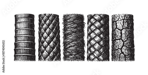 This illustration showcases five distinct cylindrical textures in a stark black and white, hand-drawn style, featuring grooved, scaled, fringed, braided, and cracked surfaces for design.