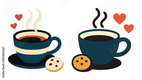 Two cartoon coffee cups with cookies and hearts