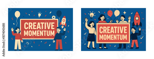 Diverse group celebrating creative momentum with balloons and rocket icon