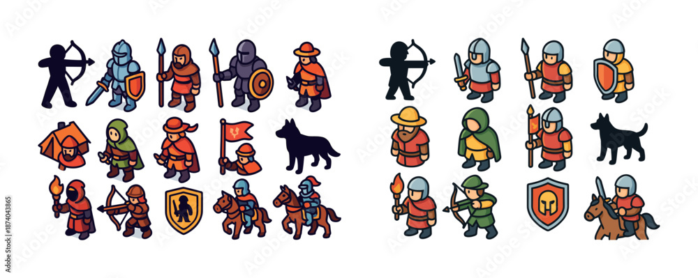 Fototapeta premium Medieval knight characters and icons set with archers, dogs, shields, and swords