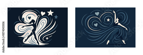 Elegant female silhouettes in flowing motion with stars and hearts