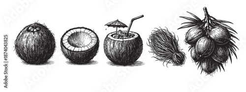 Hand-drawn black and white illustrations of various coconut preparations including whole fruit, halved, a tropical drink with umbrella and straw, and a cluster of coconuts.