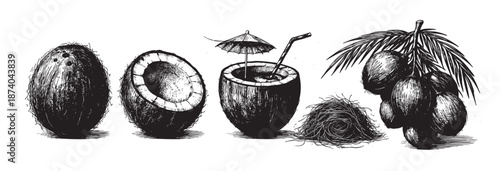 Hand-drawn black and white illustrations of various coconut preparations including whole fruit, halved, a tropical drink with umbrella and straw, and a cluster of coconuts.