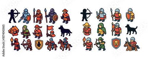Medieval knight characters and icons set with archers, dogs, shields, and swords