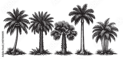 A vintage ink sketch illustrates a collection of diverse palm trees with detailed textures, set against a clean white background perfect for graphic design.