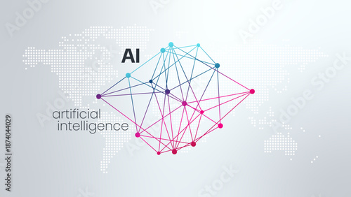 Artificial intelligence AI neural network digital brain machine deep learning processing big data analysis technology. Vector illustration for science, global business, future. World map