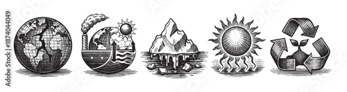 A striking woodcut style illustration depicting five distinct environmental concepts: a detailed globe, industrial pollution, melting icebergs, the sun, and a recycling symbol.
