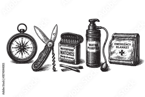 A detailed ink drawing features a collection of essential survival gear including a compass, multi-tool, waterproof matches, water purifier, and emergency blanket, perfect for outdoor adventure concep