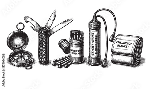 A detailed ink drawing features a collection of essential survival gear including a compass, multi-tool, waterproof matches, water purifier, and emergency blanket, perfect for outdoor adventure concep