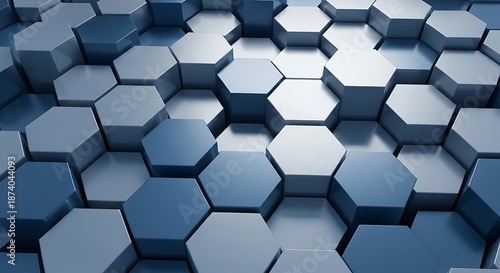 Abstract blue hexagonal 3D blocks forming a futuristic pattern with varying shades and reflections together seamlessly.