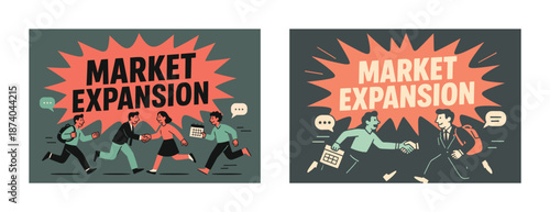 Cartoon businesspeople discussing market expansion with speech bubbles