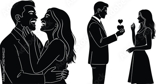 Black and white romantic couple illustration showing love gestures, embrace, flower offering, emotional connection, and Valentine's Day affection scene