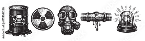 A collection of vintage engraved icons representing toxic hazards, including a skull and crossbones drum, radiation symbol, gas mask, dripping barrel, and flashing warning light.
