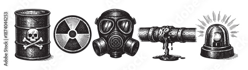 A detailed black and white illustration featuring symbols of danger including a biohazard barrel, radiation symbol, gas mask, dripping pipe, and flashing siren.