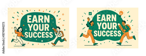 Cartoon illustrations of diverse young adults celebrating success
