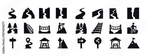 Collection of hiking and trekking trail icons with mountains and signs
