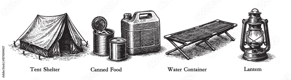 Fototapeta premium A detailed black and white illustration of essential vintage camping equipment including a tent, canned food, water container, and lantern, perfect for survival or outdoor themes.