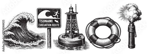 A graphic illustration in a retro woodcut style depicting a large crashing wave, a tsunami evacuation route sign, a lighthouse, a life preserver, and a signal flare.
