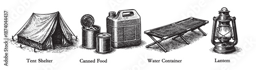 A detailed black and white illustration of essential vintage camping equipment including a tent, canned food, water container, and lantern, perfect for survival or outdoor themes.