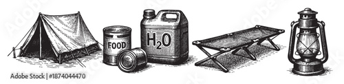 An artistic, hand-drawn illustration depicts essential vintage camping equipment, including a tent, food can, water jug, folding cot, and lantern.