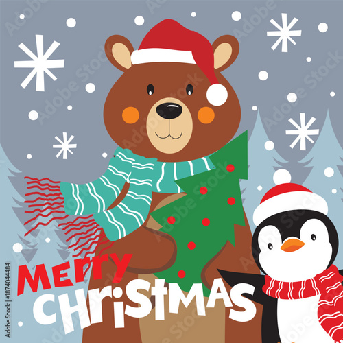 Christmas card with bear and penguin