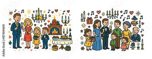 Festive gathering with family celebrating and toasting by fireplace