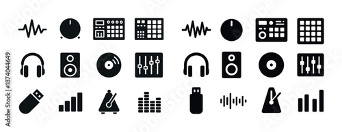 Music production icons: audio equipment, headphones, usb, equalizers, metronome