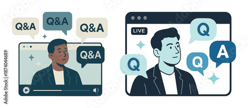 Young males engaged in online q&a sessions with interactive speech bubbles