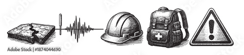 A collection of black and white graphic illustrations depicting items related to disaster preparedness and safety, including cracked earth, seismic waves, hard hat, backpack, and a warning sign.