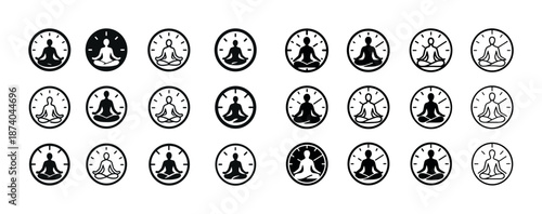 Set of yoga meditation icons in circular background silhouettes